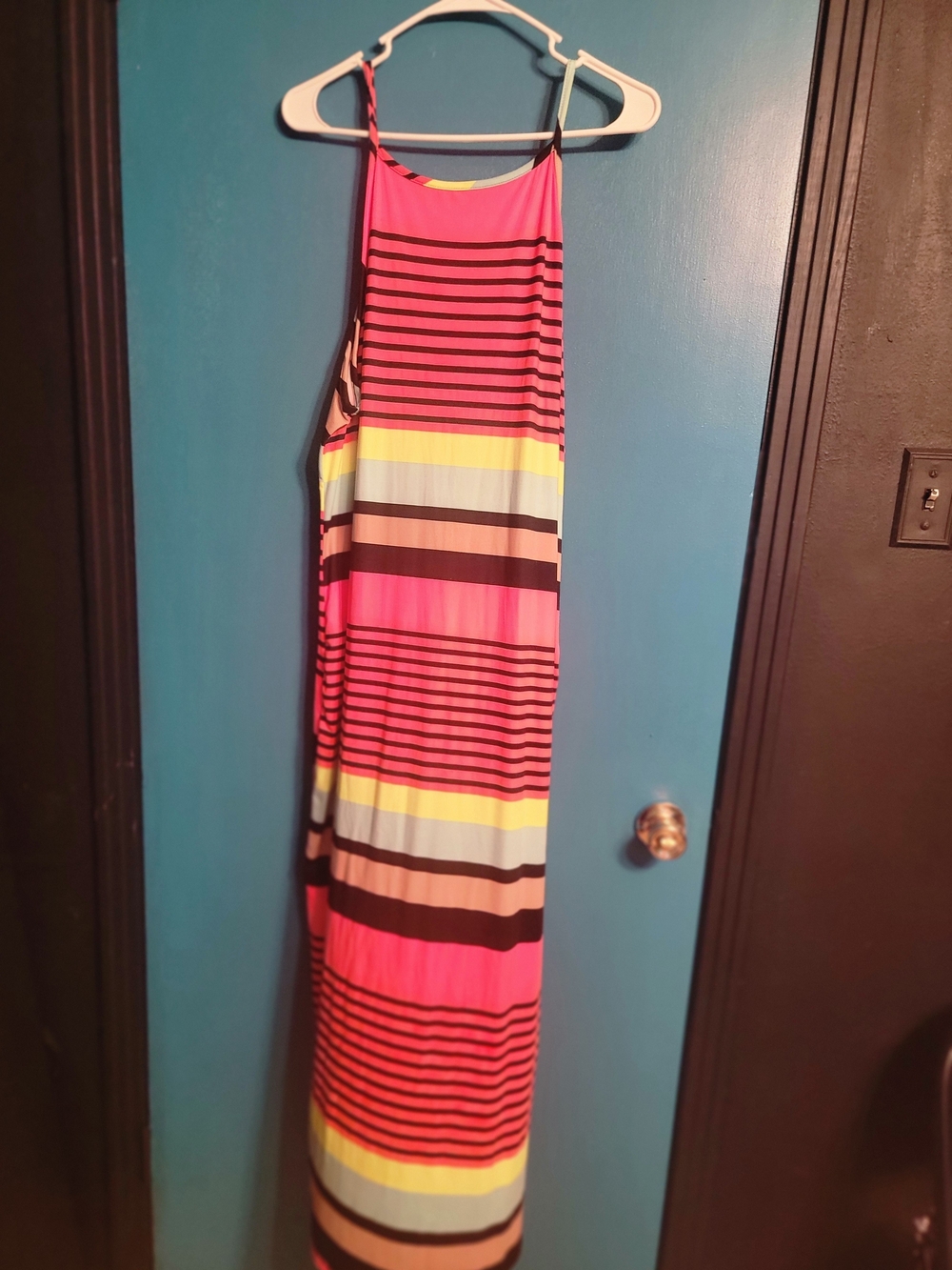 Striped Maxi Dress - Coral, Yellow, Tan, Light Blue & Black